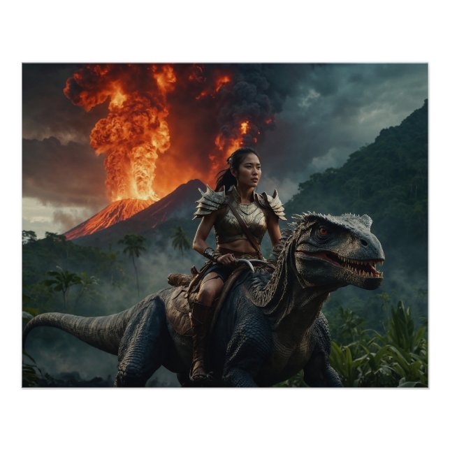 Póster Amazone auf Dinosaurier vor Vulkan – Epische Fant (Frente)