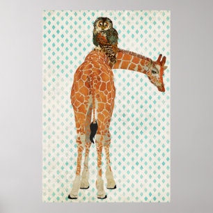 Poster ambarino da arte da coruja do girafa & da