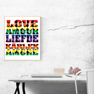Poster Ame Muitas Línguas Corações Arco-Íris