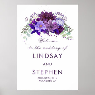 Póster Ameixa e sinal de boas-vindas floral roxo violeta
