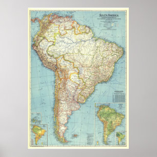 Poster "América do Sul: 1942 MAPA de Cor Detalhada ...