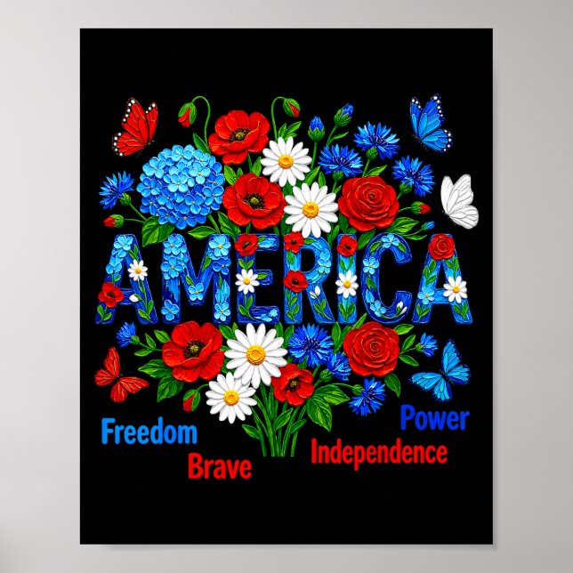 Poster América floral patriótico liberdade corajoso poder (Frente)