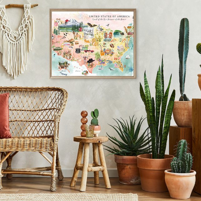 Poster América | Mapa dos EUA Ilustrado em Aquarela (Criador carregado)