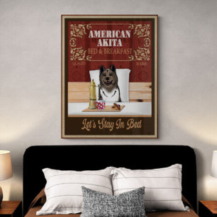 Poster American Akita Bed E Arte De Vintagem Engraçada No