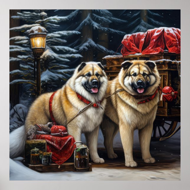 Poster American Akita Snowy Sleigh Passear Decência de Na (Frente)
