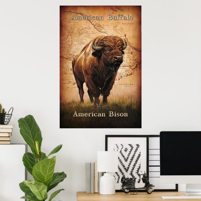 Poster American Bison no mapa (Escritório em casa)