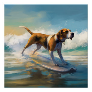 Póster American Engligh Foxhound Beach Surfing Painting