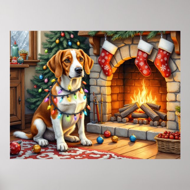 Poster American English Foxhound Christmas Lights  (Frente)