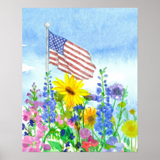Poster American Flag Garden Flowers Watercolor Sky