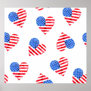 Poster American Flag Hearts Watercolor.