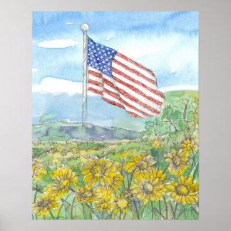 Poster American Flag Yellow Wildflower Landscape