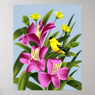 Póster American Goldfinch e Alstroemeria Flower Art