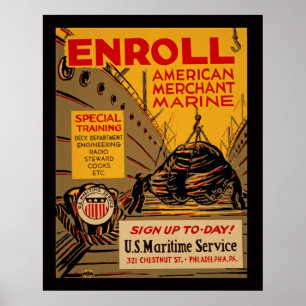 Póster American Merchant Marine Enroll Today Vintage WPA