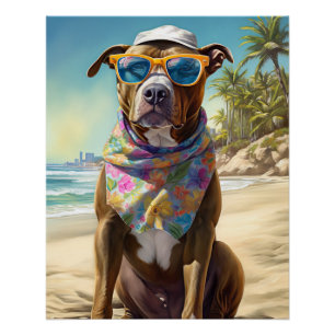 Póster American Staffordshire na praia, presente de verão