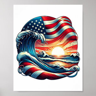 Poster American USA Flag Beach Wave Sunset Patriset Art