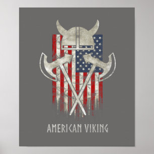 Póster Americano Viking. Bandeira, afligida, capacete,