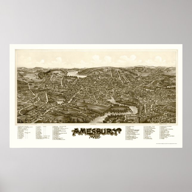 Poster Amesbury, Mapa Panorâmico MÃE - 1890 (Frente)