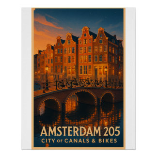Póster Amesterdã 2025 - Cidade dos Canais e Bikes