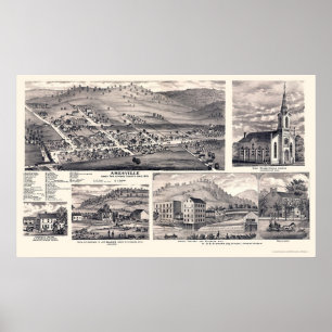 Póster Amesville, mapa panorâmico do OH - 1875
