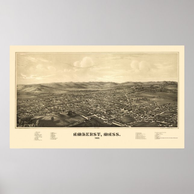 Póster Amherst, Mapa Panorâmico MÃE - 1886 (Frente)