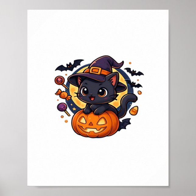 Poster Amigo Chapéu de Bruxa Gato Pastel Kawaii Hallowe (Frente)