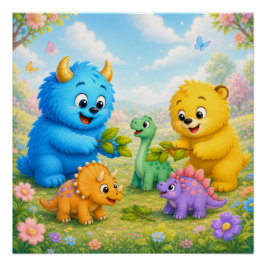 Póster Amigos Monstros Fofos Jardim Mágico de Dinossauros