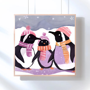 Póster Amigos Pinguins de Natal   Aquarela de Inverno