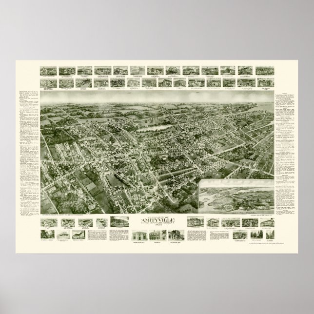 Póster Amityville, Mapa Panorâmico NY - 1925 (Frente)