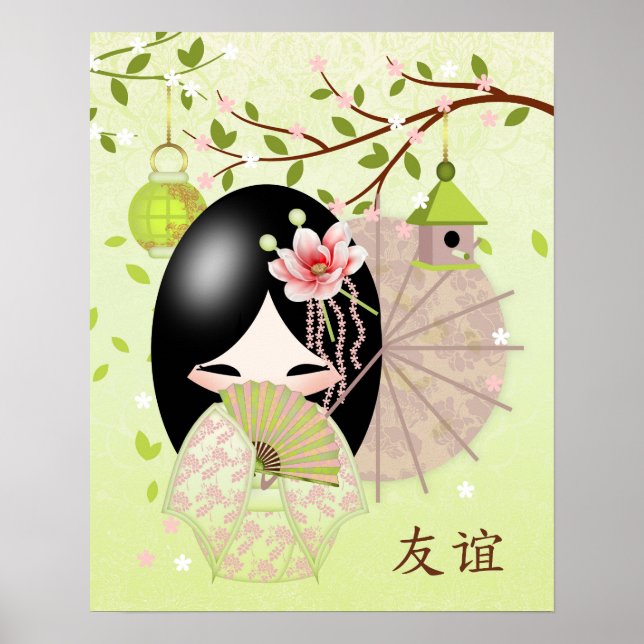 Poster Amizade, Boneca Kokeshi Em Misturas Primavera Verd (Frente)