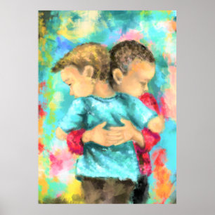Poster Amizade - Crianças Hugging - Paz Amor - Pintura
