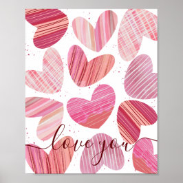 Poster Amo Você Namorados Corações de Aquarela Rosa Poste