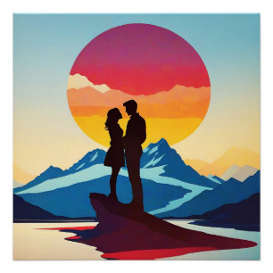Póster Amor com Paisagem na Montanha Retroativa
