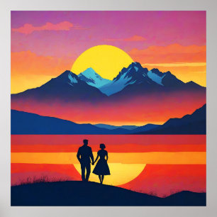 Poster Amor com Paisagem na Montanha Retroativa