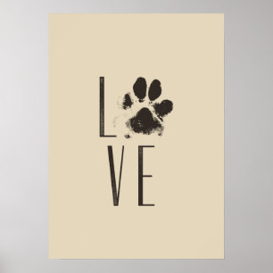 Poster Amor com Pet Paw Imprime Brown Grunge Tipografia