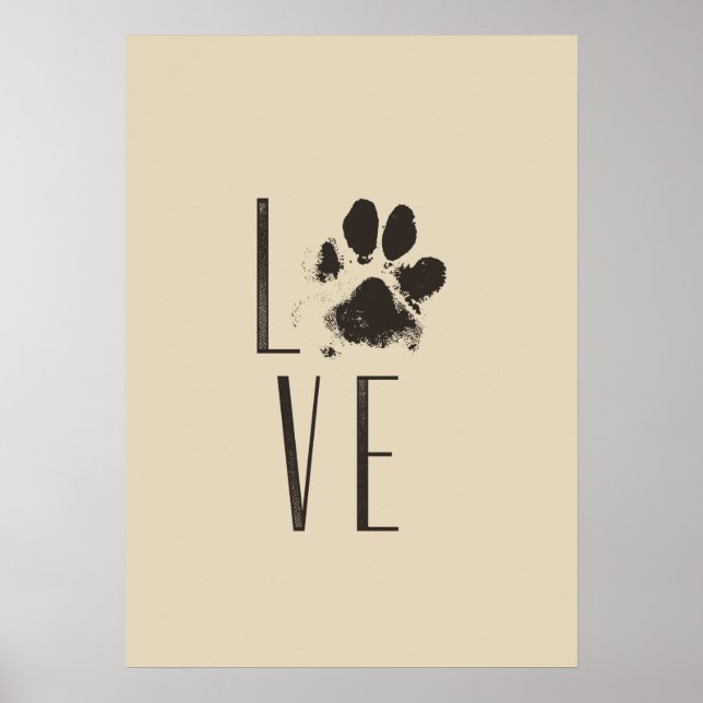 Poster Amor com Pet Paw Imprime Brown Grunge Tipografia (Frente)