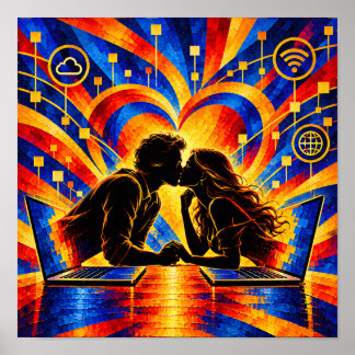 Poster Amor Digital Conexão Romântica Silhueta