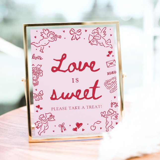 Poster Amor é Doce no Valentim Rosa Desenhado à Mão Moder (Pink Hand Drawn Modern Valentine Love is Sweet Sign)