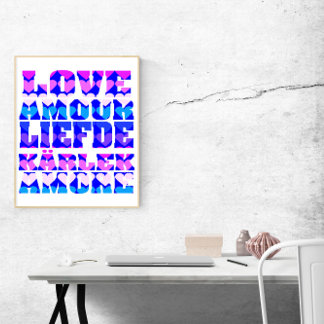 Poster Amor em muitas línguas cor-de-rosa azul roxo