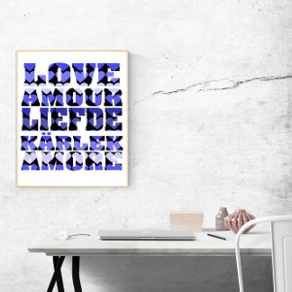 Poster Amor em muitas línguas Corações Azuis