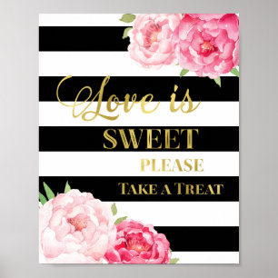 Póster Amor Floral Rosa é Bonito Sinal Dourado Stripes Ne