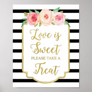 Poster Amor Floral Rosa é Bonito Sinal Dourado Stripes Ne