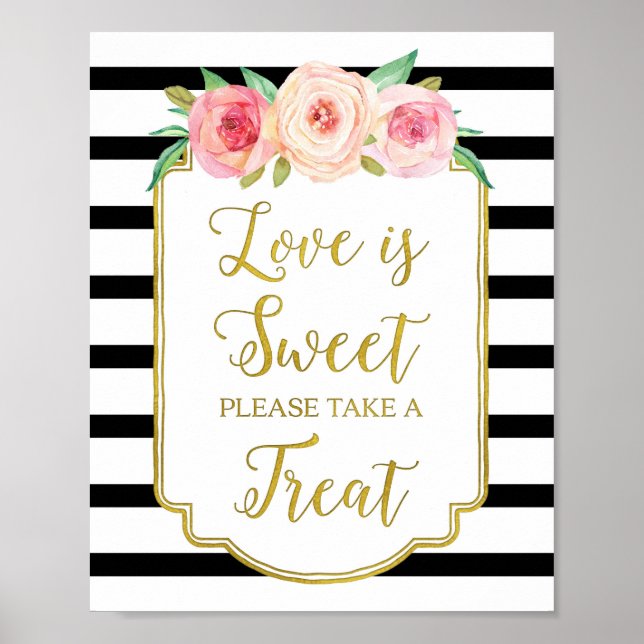 Poster Amor Floral Rosa é Bonito Sinal Dourado Stripes Ne (Frente)