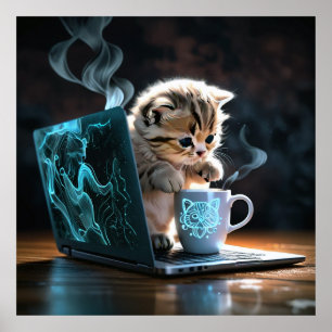 Poster Amor, Laptop, gatos e café