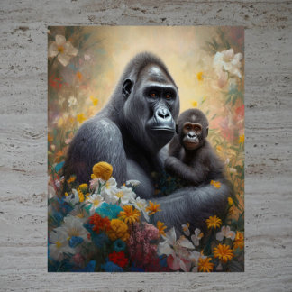 Poster Amor Materno - Imagem de Gorila Mãe em Aquarela po