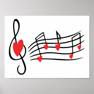 PÓSTER AMOR MÚSICA DE MÚSICA NOTAS DE VERMELHO NEGRO VE