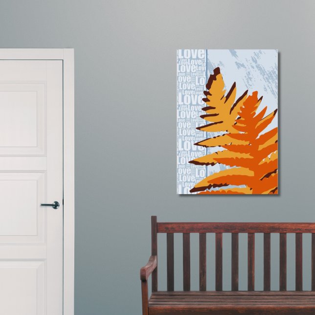 Poster Amor Natureza Estilizada Folhas Azuis e Laranja Fe (Love Nature Stylized Blue & Orange Fern Leaves Poster, Entryway)