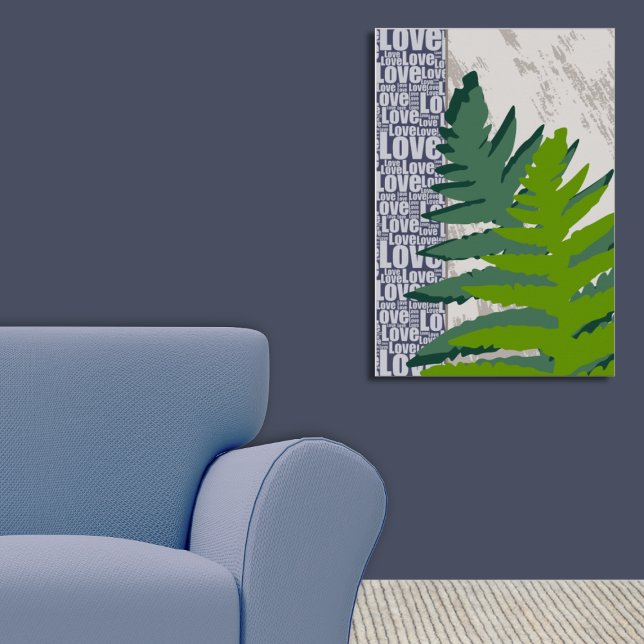 Poster Amor Natureza Estilizada Folhas Azuis e Verdes (Love Nature Stylized Blue & Green Fern Leaves Poster)