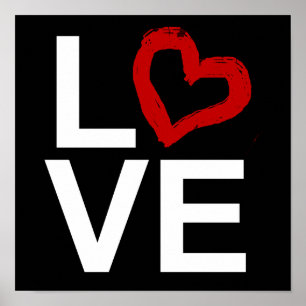 Póster AMOR, preto e branco com coração vermelho esboçado