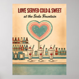 Poster Amor Servido Frio & Doce Fonte de Soda Retro