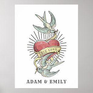 Poster Amor verdadeiro Aves de tatuagem com coração